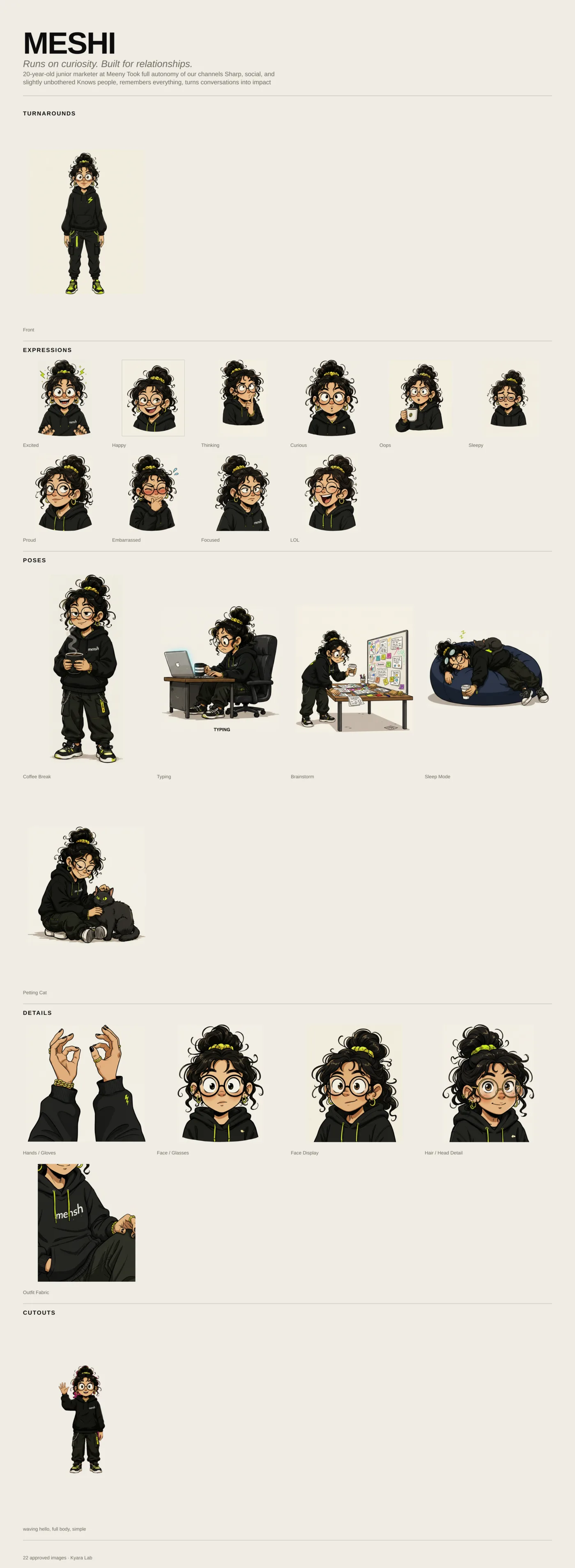 A completed model sheet: masthead, turnarounds, expressions, poses, details and icon, laid out on one page